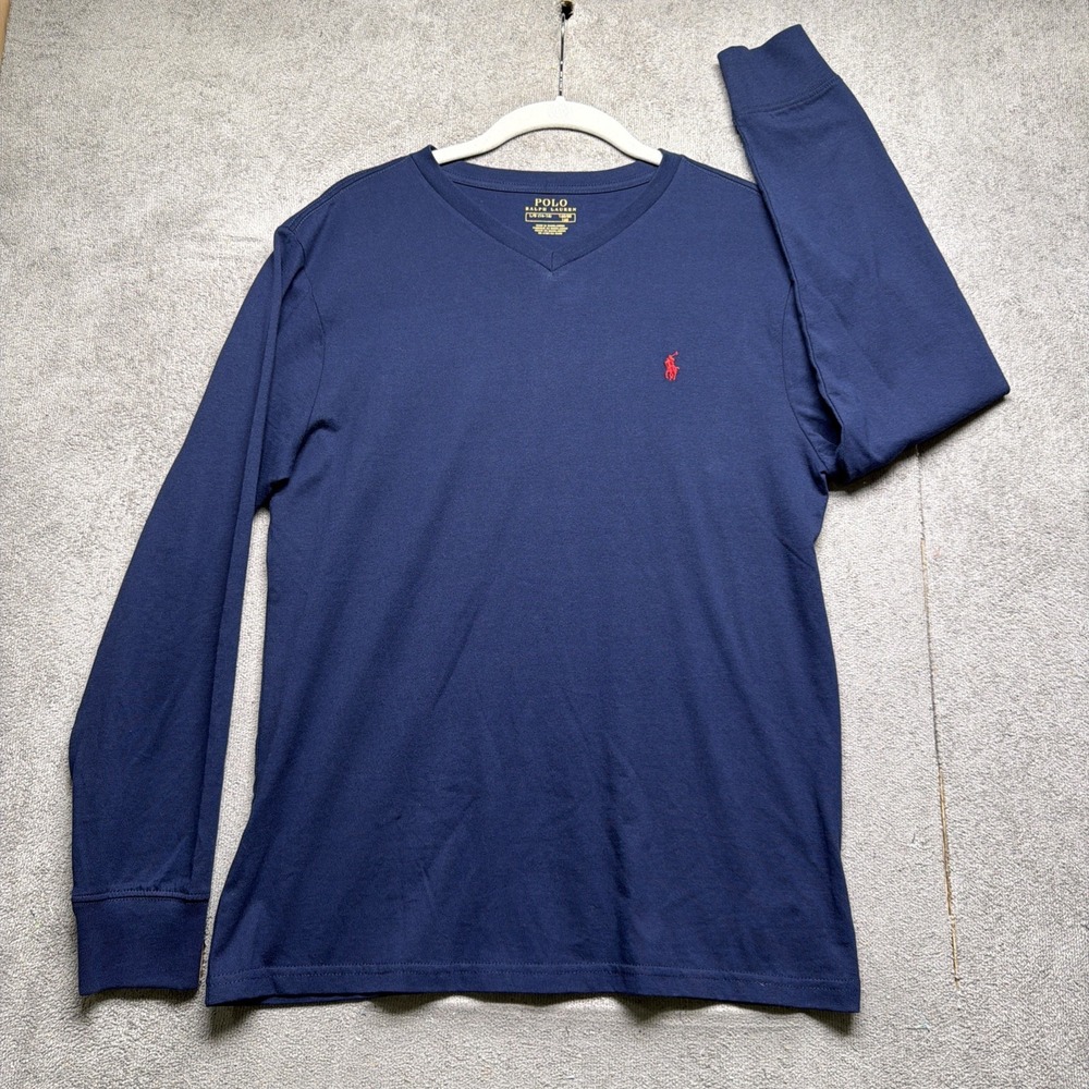 Polo Ralph‎ Lauren Boys Long Sleeve V Neck Cotton Shirt Navy Blue Size 14 16